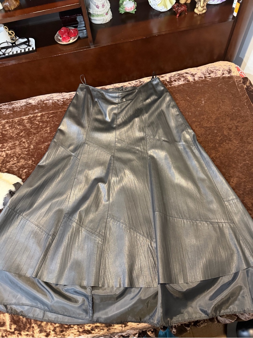 Black Faux Leather A-Line Midi Skirt
